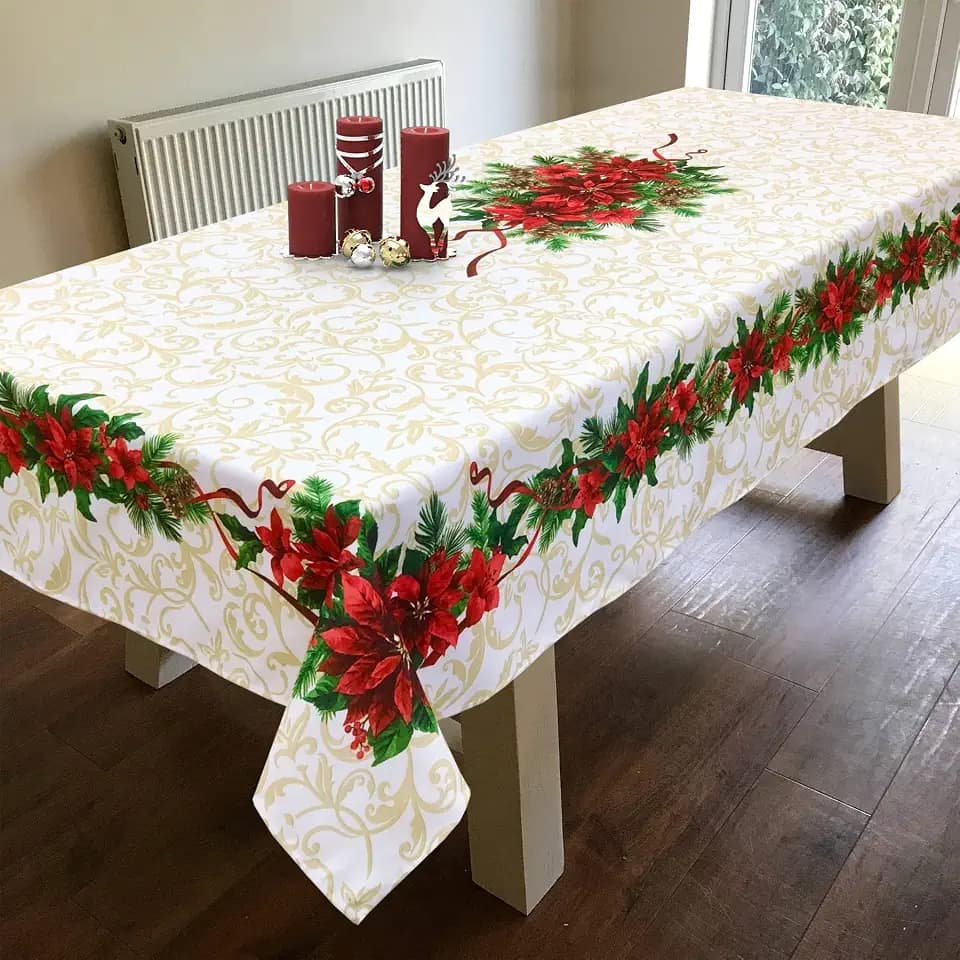 CAIT CHAPMAN HOME COLLECTION Holiday Poinsettias Easy-Care Printed Tablecloth (60" x 120" Rectangle, Panel)
