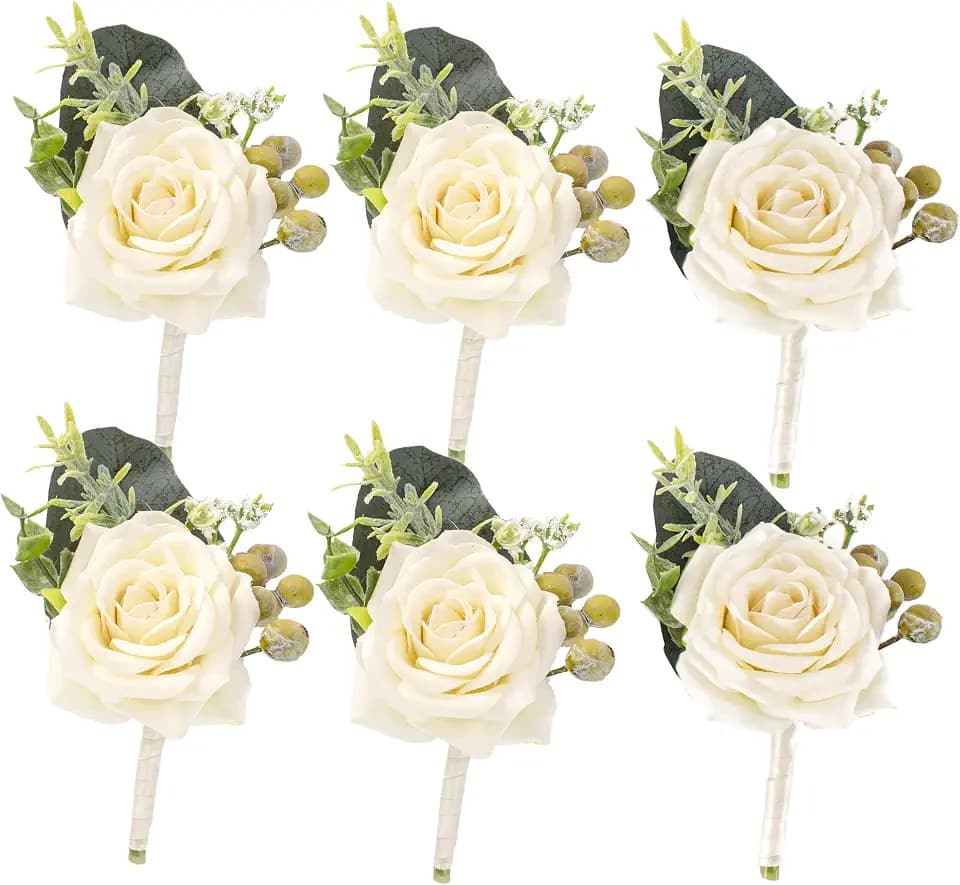White Boutonniere for Men,Prom boutonnieres,Groom and Groomsmen Boutonniere for Wedding Ceremony Anniversary, Formal Dinner Party and Grad Night (Set of 6)
