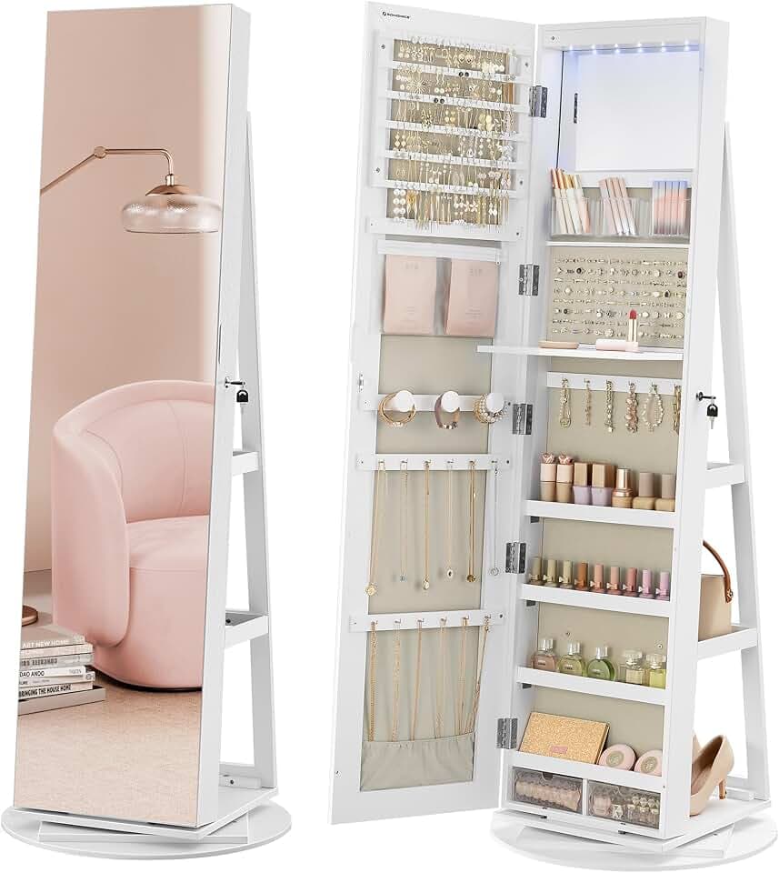 SONGMICS 6 LEDs Mirror Jewelry Cabinet Organizer, 360° Swivel, Lockable