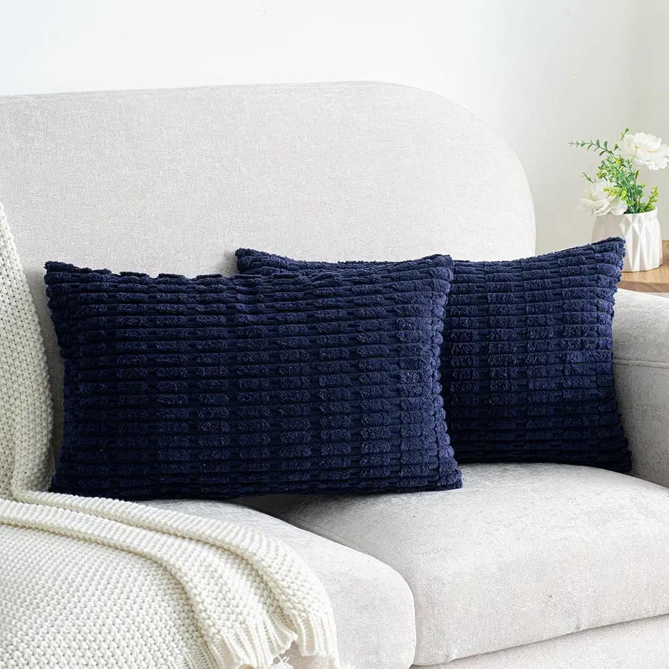 Dark Blue Corduroy Lumbar Throw Pillow Covers, 12x20, Pack 2
