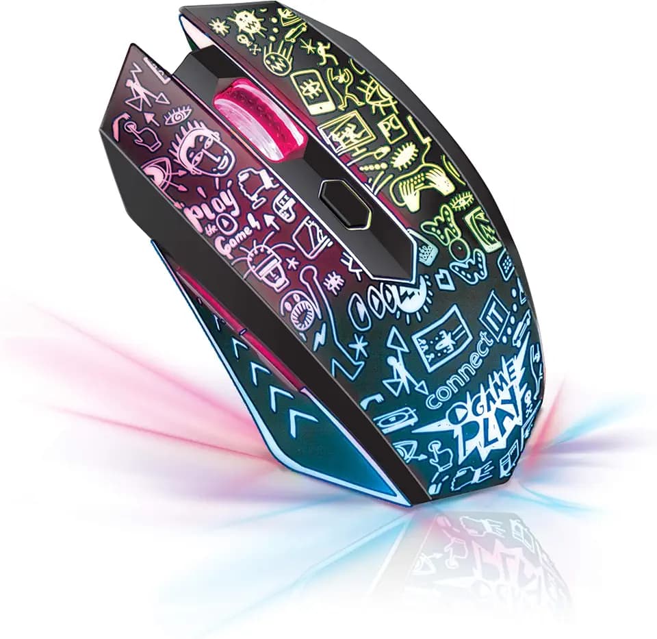 Connect It Doodle RGB Gaming Maus | 6 Tasten für Gamers/Home Office | Ergonomische Mouse | 1000/1500/2000/2400 DPI | Plug & Play, 70 hrs | PC/Mac, Schwarz (Kabellose)