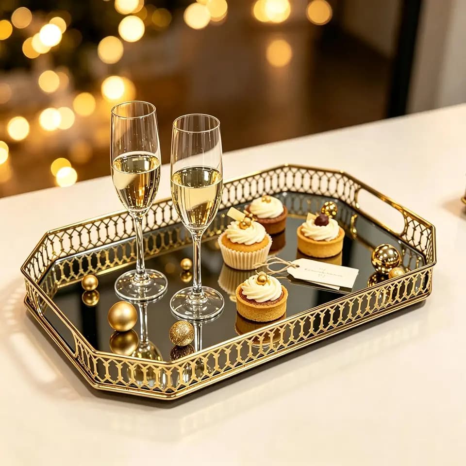 Gold Mirror Decorative Tray, Octagonal Metal Vanity Tray with Tempered Glass Base, 13.78”×9.84”×1.97”, Luxury Perfume Jewelry Organizer Tray for Dresser, Bathroom, Coffee Table