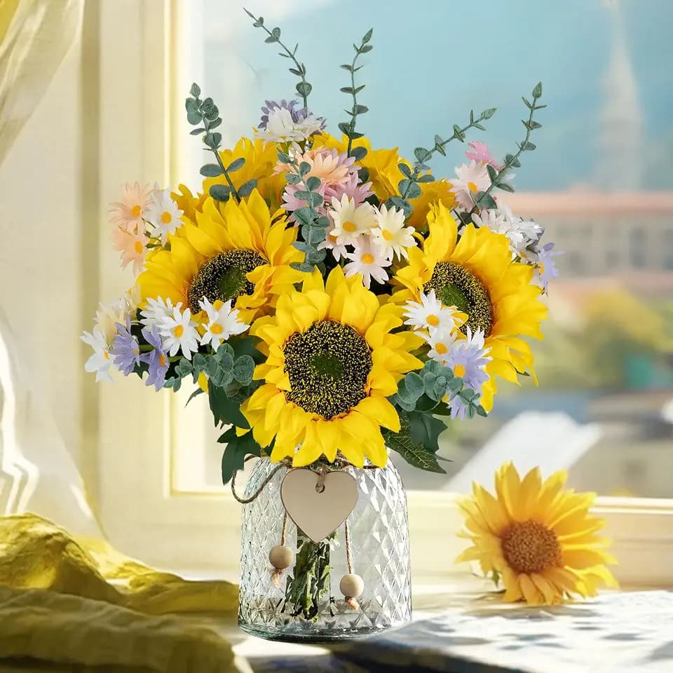 BLOSMON Sunflower Centerpieces for Tables, Fake Flowers Bouquet in Vase