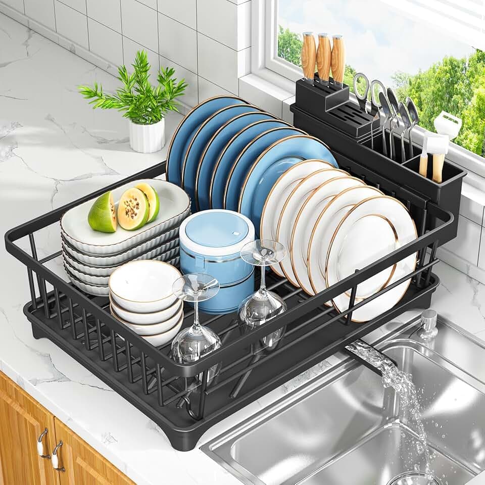 Kmiectse Dish Drying Rack for Small Kitchen Counter with Utensil Holder