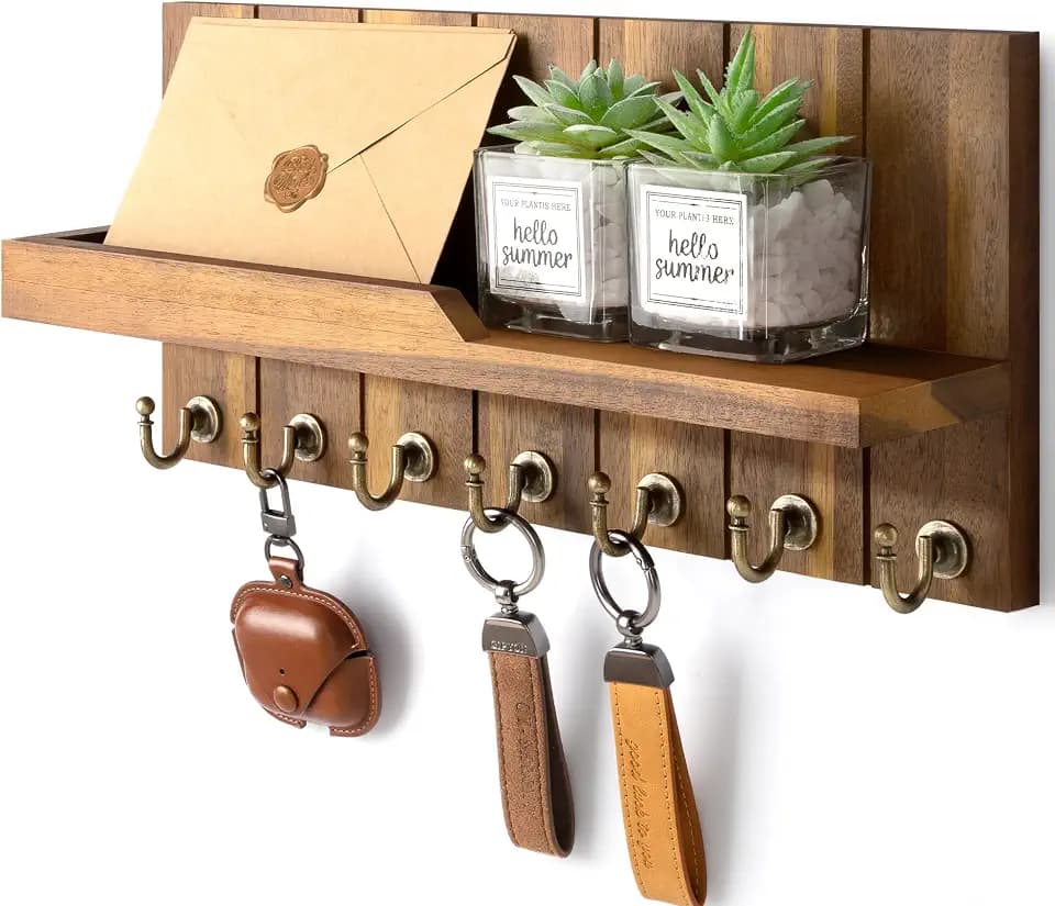 Rebee Vision Acacia Wood Key Holder Wall Mount for Home Decor, Brown