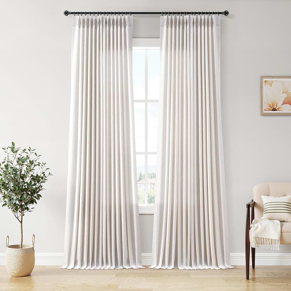 Joywell Extra Long Linen Pinch Pleated Curtains 108 Inches Beige White