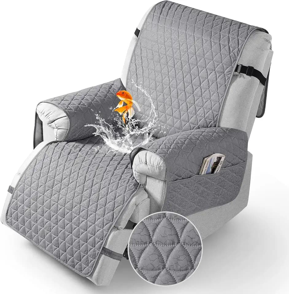 TAOCOCO 100% Waterproof Recliner Chair Covers, Non Slip Recliner Covers that Stay in Place, One-Piece Washable Reclining Chair Cover with Elastic Straps, Light Grey, Fits 25" Seat Width