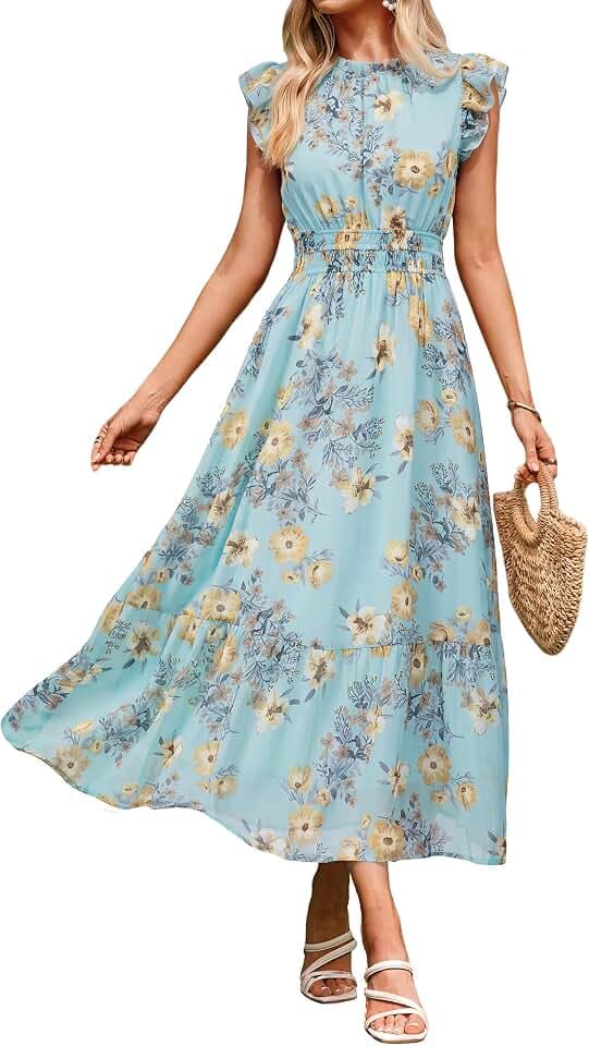 BerryGo Womens Floral Wedding Guest Dress Summer Casual Short Sleeve Long Beach Vacation Flowy A Line Chiffon Modest Dresses
