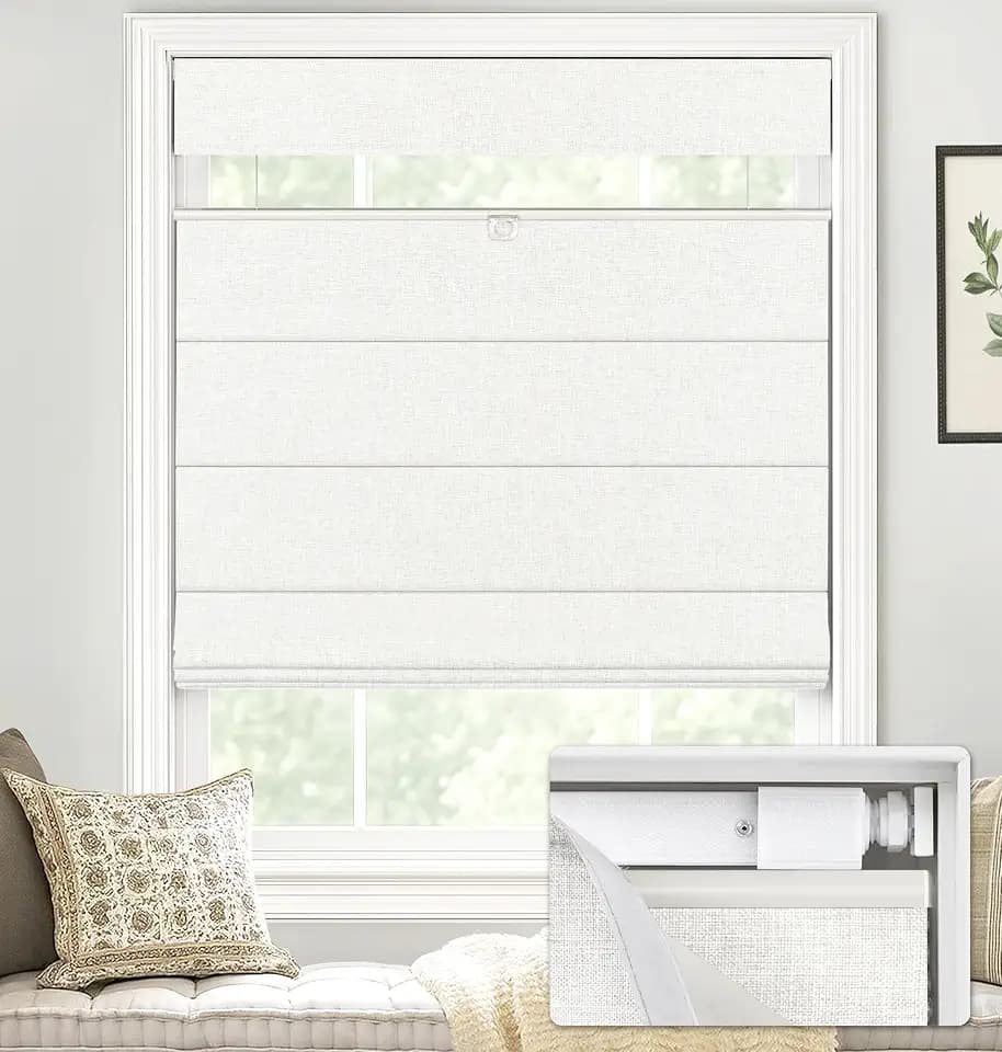 LazBlinds No Drill TDBU Roman Shades, Blackout - White, 34" W x 64" H