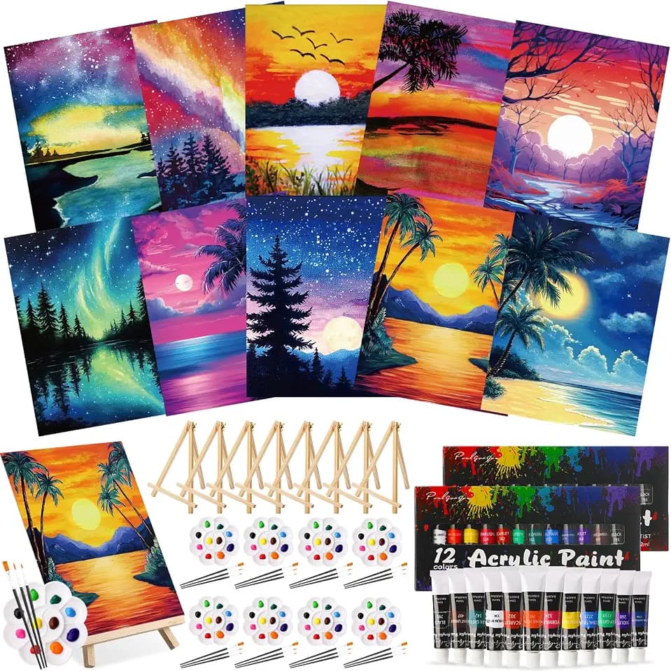 Ctosree 72 Pcs Vivid Sunset Paint and Sip Kit for Adults 8'' x 10'' Pre Drawn Canvas for Painting DIY Pre Printed Canvas for Party Favor Acrylic Painting Kit Wood Easel Brushes Date Night Bulk