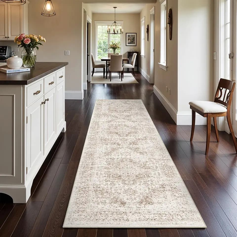 3x10 Washable Hallway Runner Rug: Vintage Medallion Soft Rugs IvoryBeige