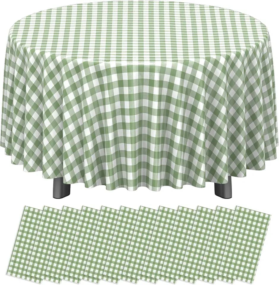 12 Pack Sage Green Plastic Checkered Tablecloth Round, Premium Decorative Disposable Sage Green Gingham Plaid Table Cloths for Parties, Round Party Table Cover for Baby Shower Picnic Birthday, 84 Inch