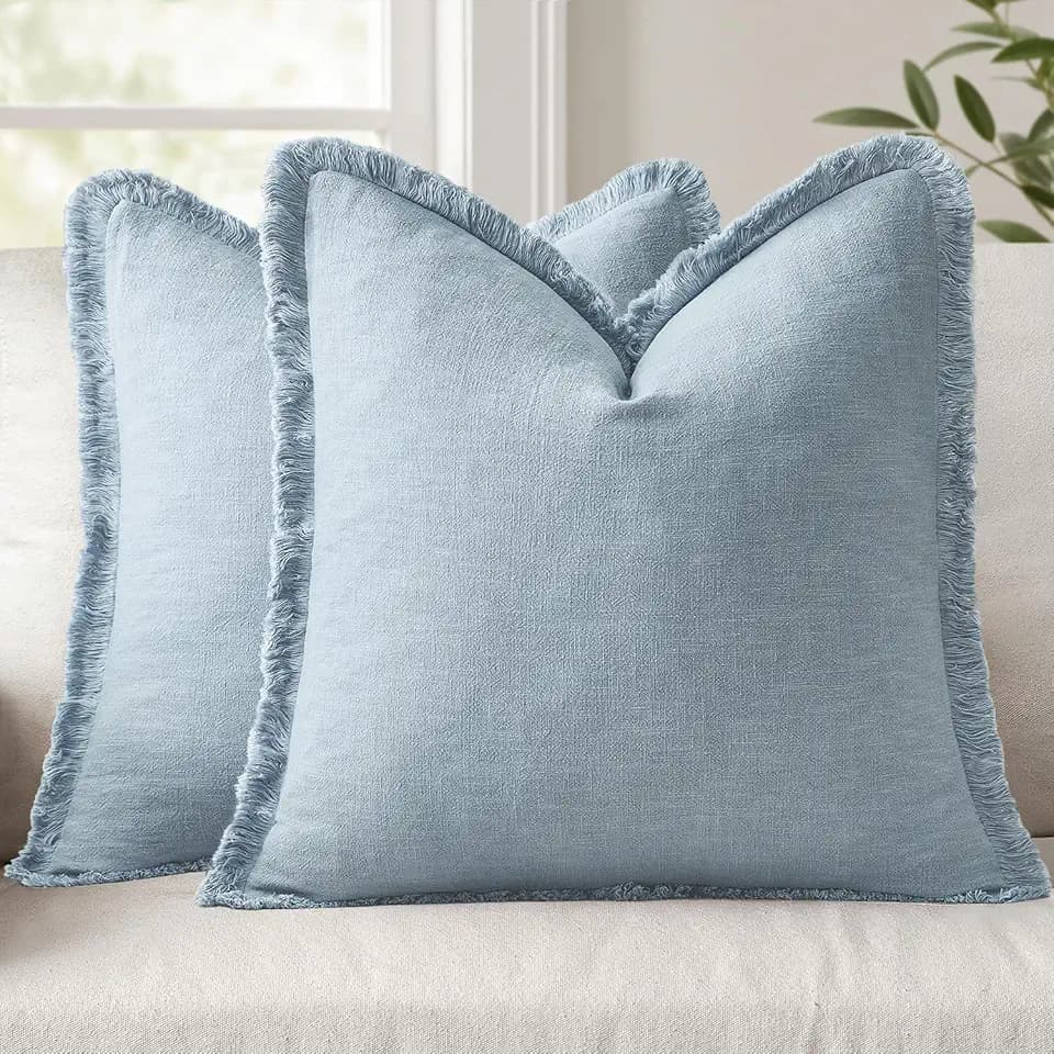 ANRODUO Decorative Linen Fringe Pillow Covers 20×20 Inch Sky Blue 2 Pack