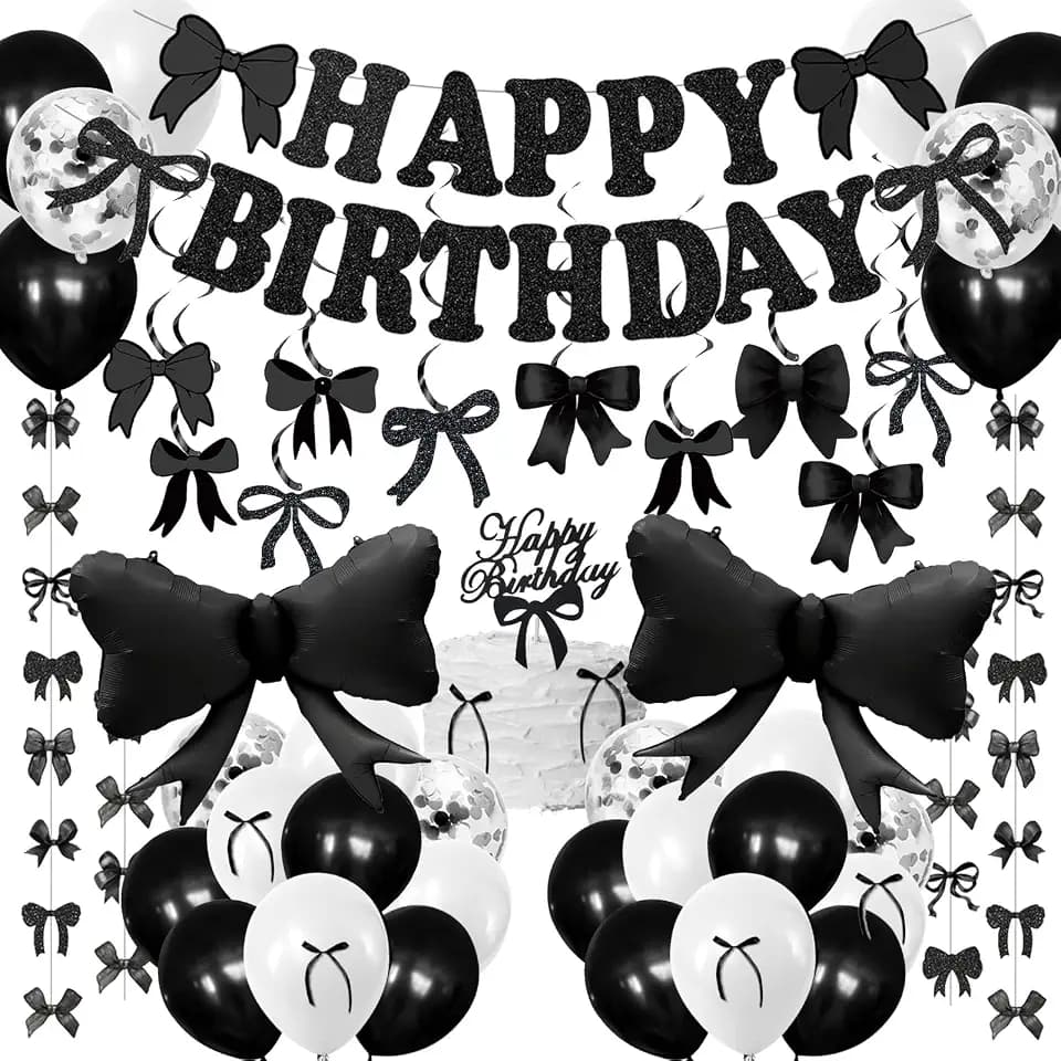 Black Bow Birthday Decorations Girls Bow Happy Birthday Banner Black White Balloon Coquette Decorations Hanging Swirls Garland Ribbon Party Decor Supplies for Girls Women