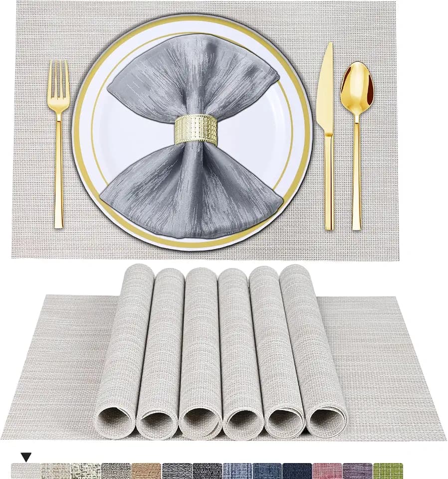 BETEAM Placemats Set of 6, Woven Vinyl Placemat for Dining Table Washable Wipeable Kitchen Place Mats Durable Indoor Outdoor Table Mats