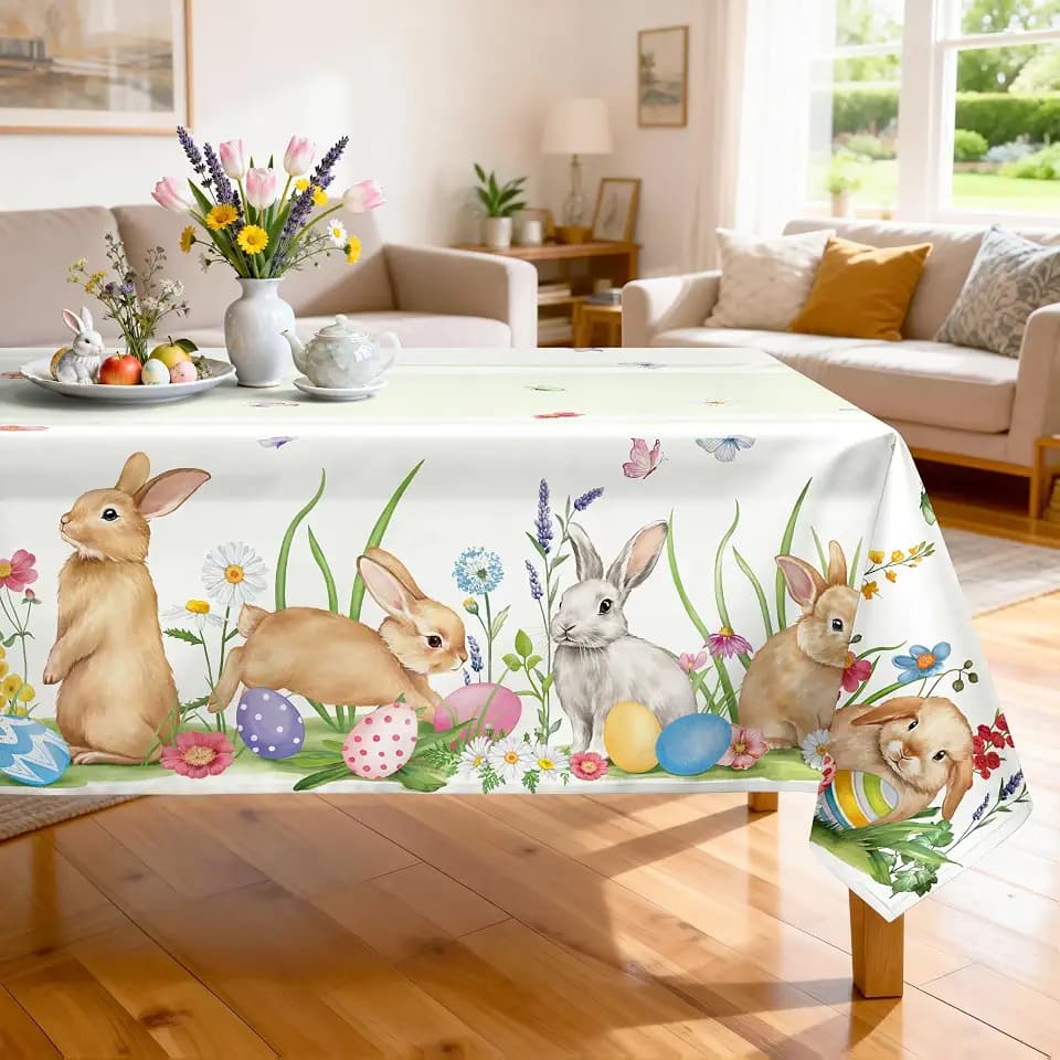 Easter Tablecloth 60 x 104 Inch Rectangular, Bunny Print