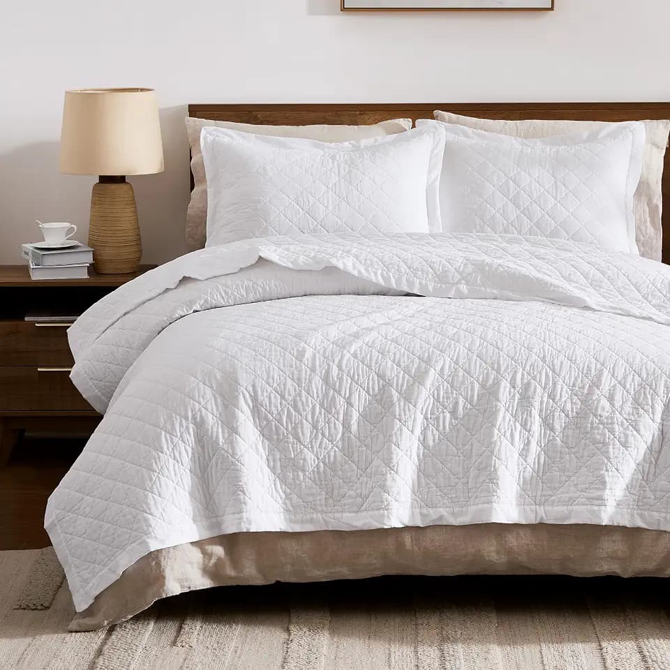 WDCOZY 100% Cotton Quilt Set, Pre-Washed, King, White, 3 Pieces