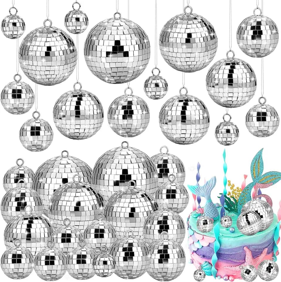 Flasoo 26 Pcs Disco Ball, 5 Sizes Disco Ball Ornaments Mini Mirror Silver Disco Balls Cake Topper Disco Themed Party Christmas Tree Ornaments Supplies (3.2inch, 2.4 Inch, 2 Inch, 1.6 Inch, 1.2 Inch)