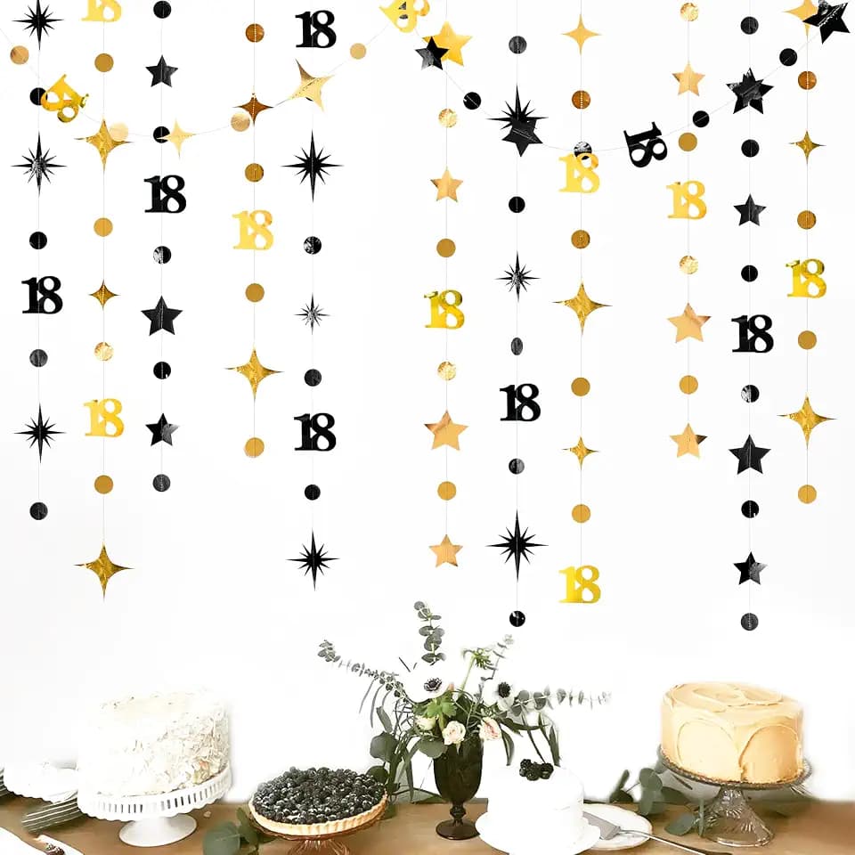 Black Gold 18th Birthday Decorations Number 18 Circle Dot Twinkle Star Garland Streamer Banner Backdrop for Girls Boys Happy 18th Birthday Time to Adult Cheers to 18 Years Old Anniversary Party Deocr