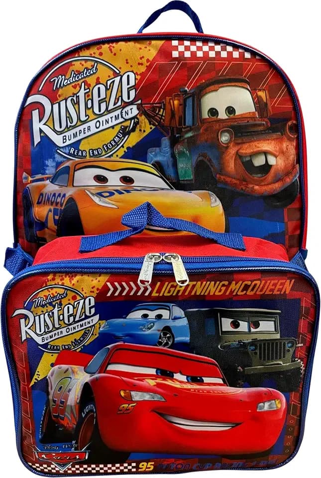 Ruz Group Kid's Licensed 16 Inch Backpack With Removable Lunch Box Set (Cars)