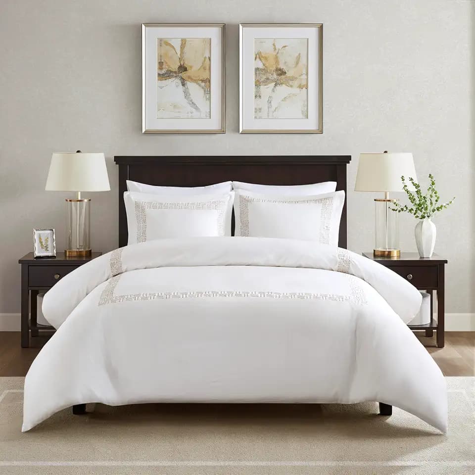 Harbor House Duvet Cover Set White with Gold Greek Fret Embroidery Full/Queen, 100% Cotton 300TC Sateen, Soft Breathable All Season Bedding with Button Closure and Inner Ties, Oeko-TEX Certified