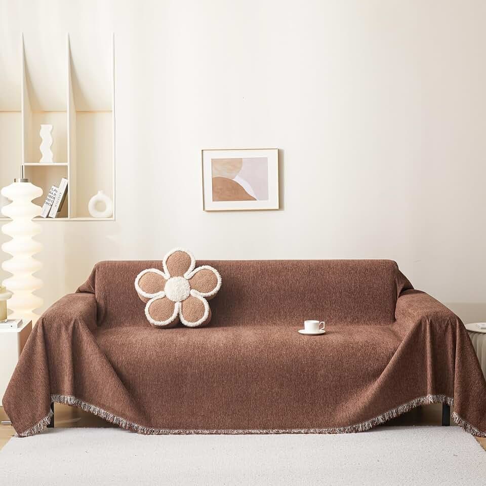 MEETSKY Oversized Couch Cover, Chenille Fabric, Tassel Edge, Reddish Chocolate, 91"x150"