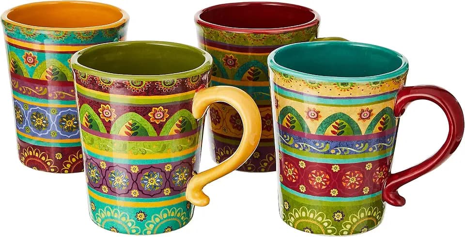 Tunisian Sunset 18 oz. Ceramic Mugs, Set of 4 – Multicolor Boho Coffee & Tea Cups with Bold Folk Art Patterns, Microwave & Dishwasher Safe, Eclectic Kitchen Gift Set for Beverage Lovers