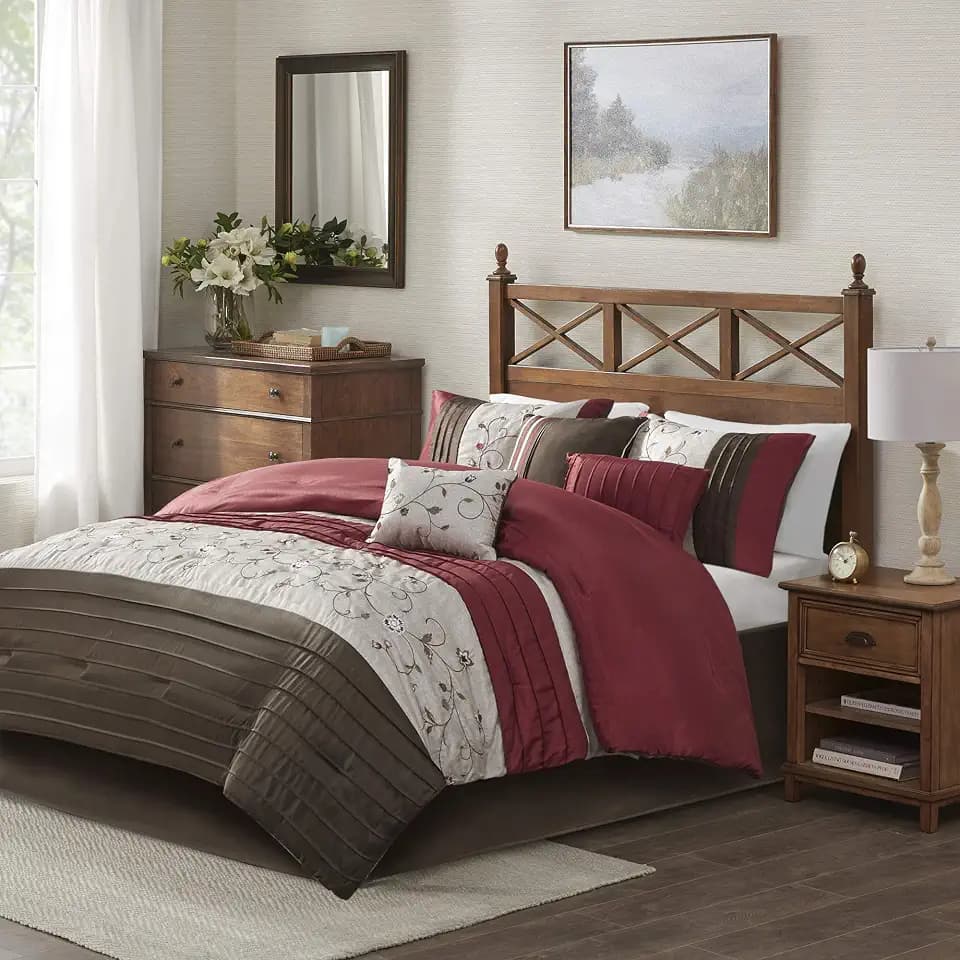 Madison Park Faux Silk Floral Embroidered Comforter Set, 7PC Queen