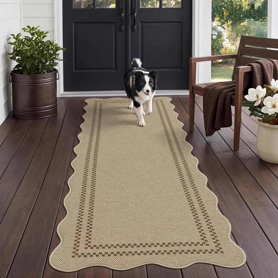 Tribesigns Scalloped Easy Jute 2x6 Hallway Runner Rug Non Slip, Tan/Checkered Kitchen Runner Rugs Non Skid Washable, Geometric Indoor Outdoor Carpet for Laundry Porch Entryway