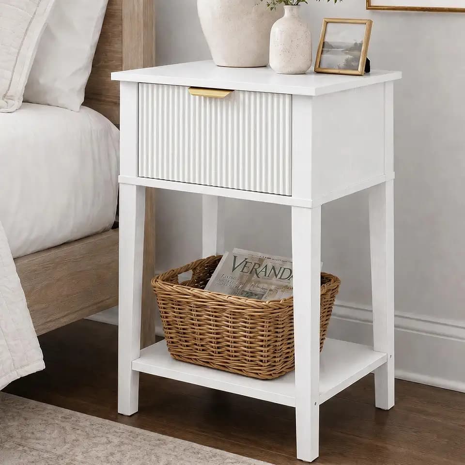 White 15.4" Wide Small Nightstand with Drawer,Open Shelf,Fluted Front