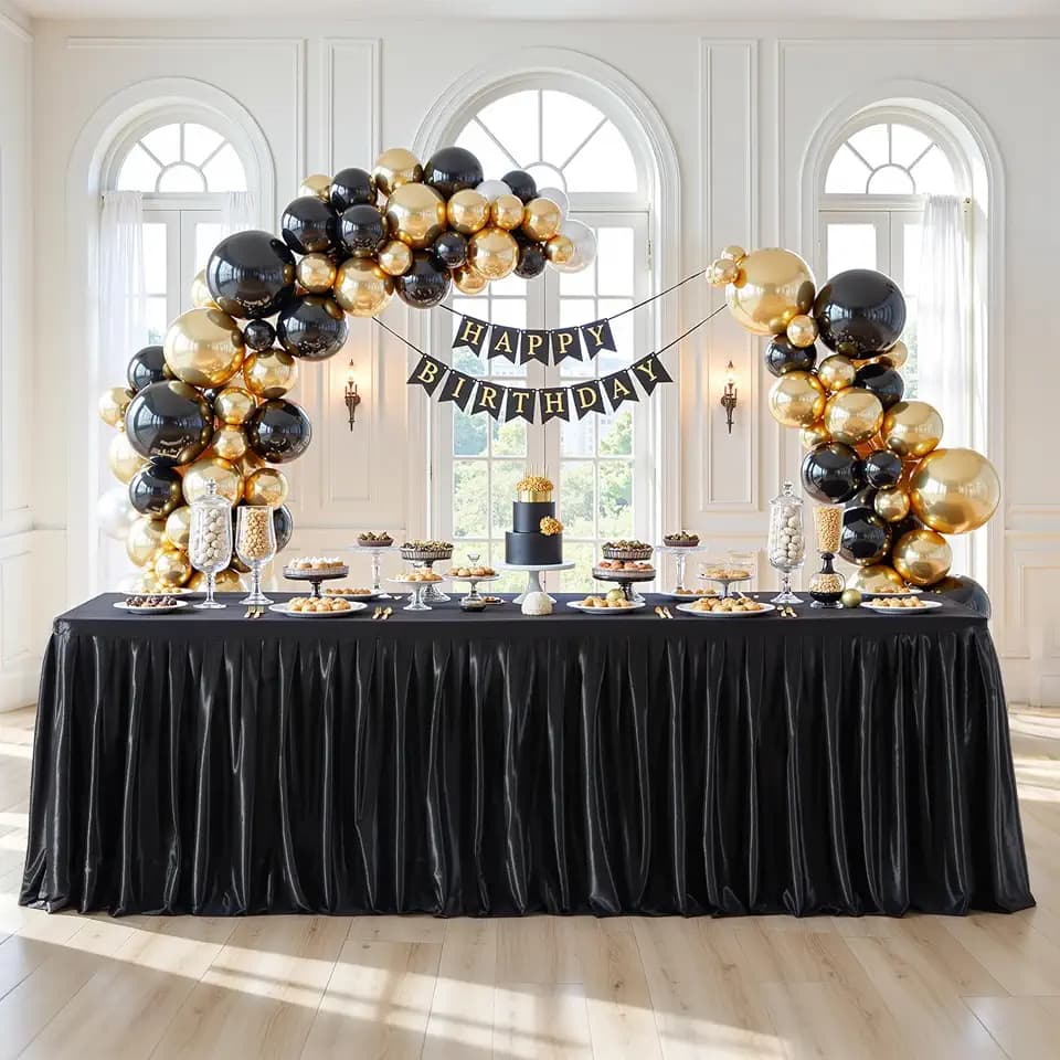 Black Satin Glitter Tablecloth for Rectangle Tables 6ft,Wrinkle Resistant Ruffles Shimmer Party Table Skirt,Washable 6FT Rectangle Table Cloth Skirt For Birthday,Baby Show,Party,Wedding,Banquet