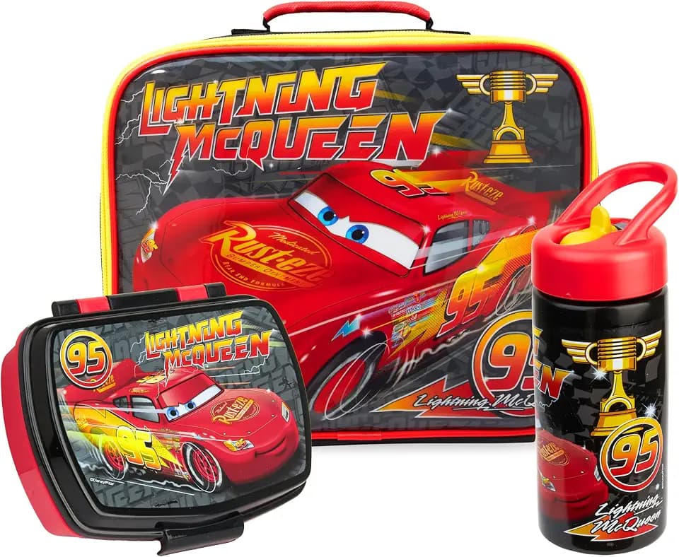 Get Trend Disney Cars Kids Insulated Lunch Bag 3Pc Set with Reusable Lunch Box & BPA-Free Water Bottle, Lightweight with Carry Handle, Lightning McQueen Gifts for Boys (Multi Lightning McQueen)
