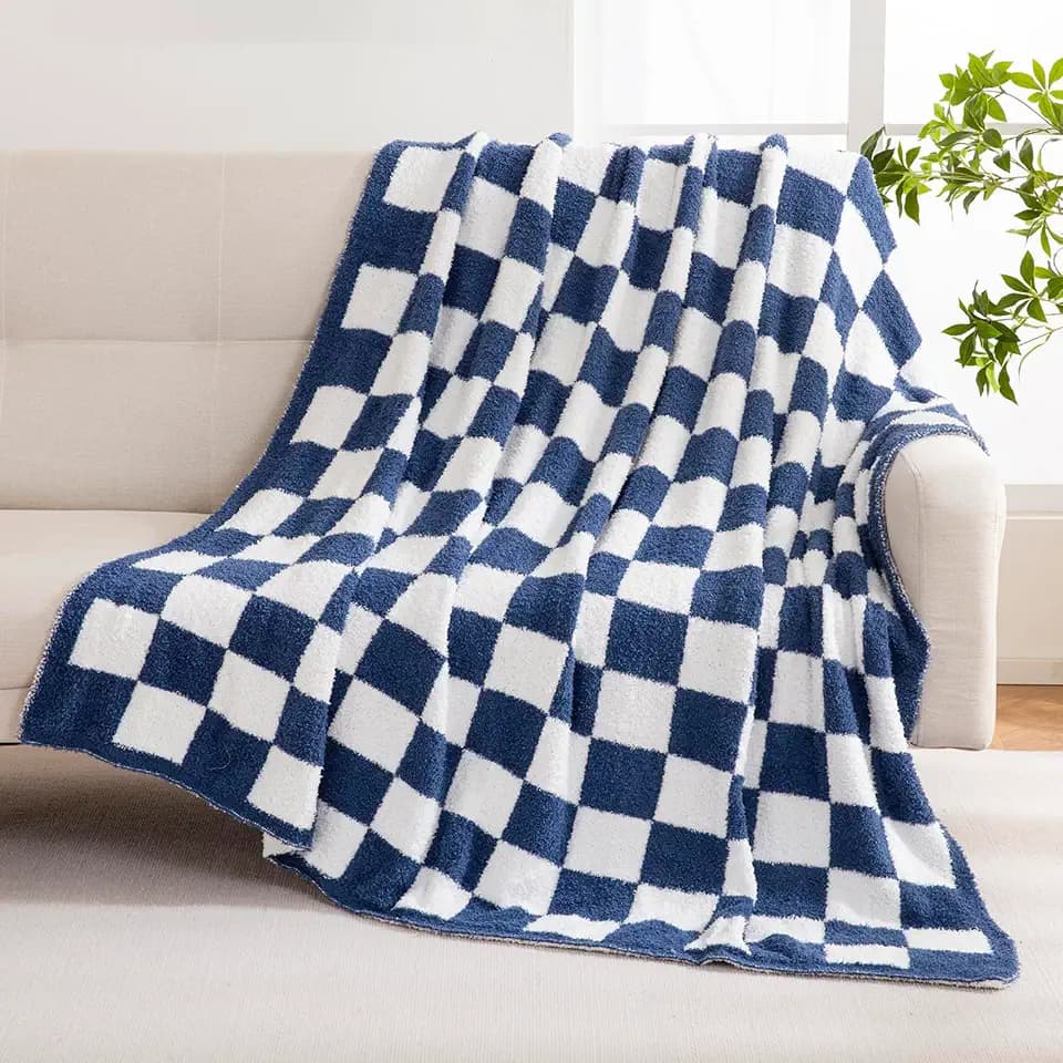 YIRUIO Checkered Knit Throw Blanket, Blue 50x60