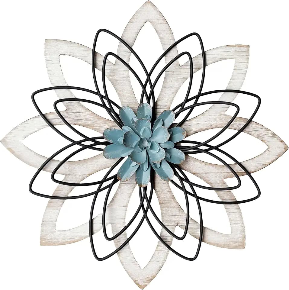 Remenna Metal Flowers Wall Decor, Metal Rustic Wall Art Decoration Farmhouse Wall Decorations Multiple Floral Hanging Decor for Bathroom Living Room Home Office Garden Kitchen (white & blue)