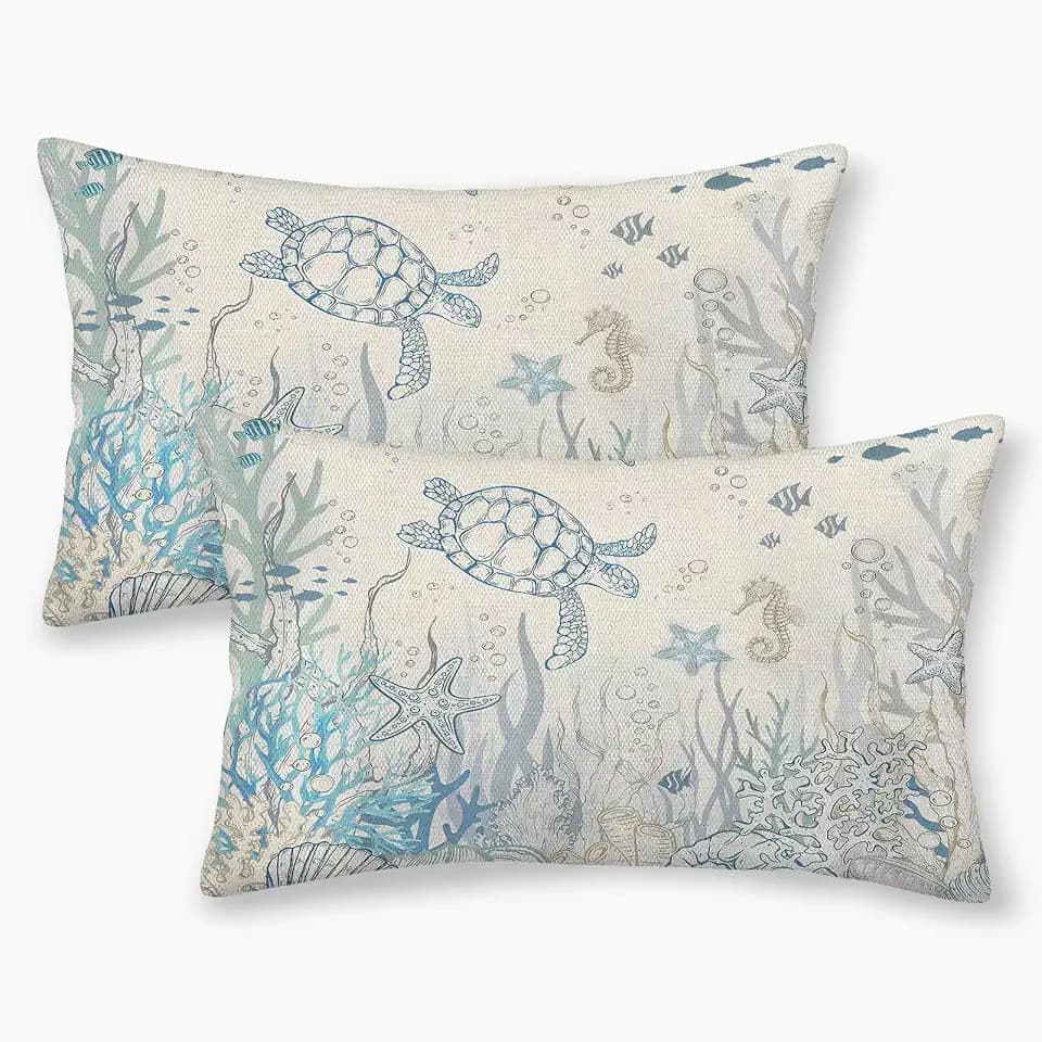 Nautical Coastal Pillow Covers 12x20 Set of 2 Turtle Coral Starfish Seashell Ocean Themed Decorative Cushion Cover Beach Throw Pillow Covers Linen for Home Sofa Couch Outdoor Decor
