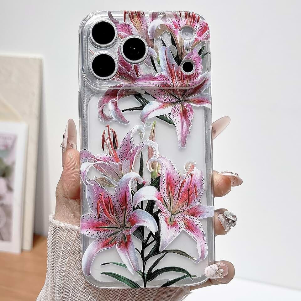 for iPhone 17 Pro Max Case, Cute Lily Flower Pattern Design for Summer Hawaiian, Clear Shockproof Protective Case for Girls Women-Transparent