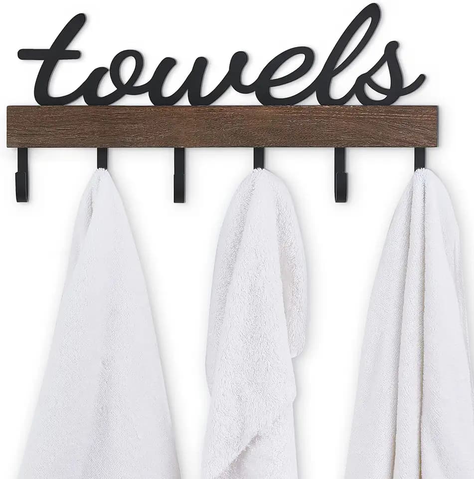 Dahey Small Towel Rack with 6 Hooks Wall Mounted Wooden Holder for Bathroom