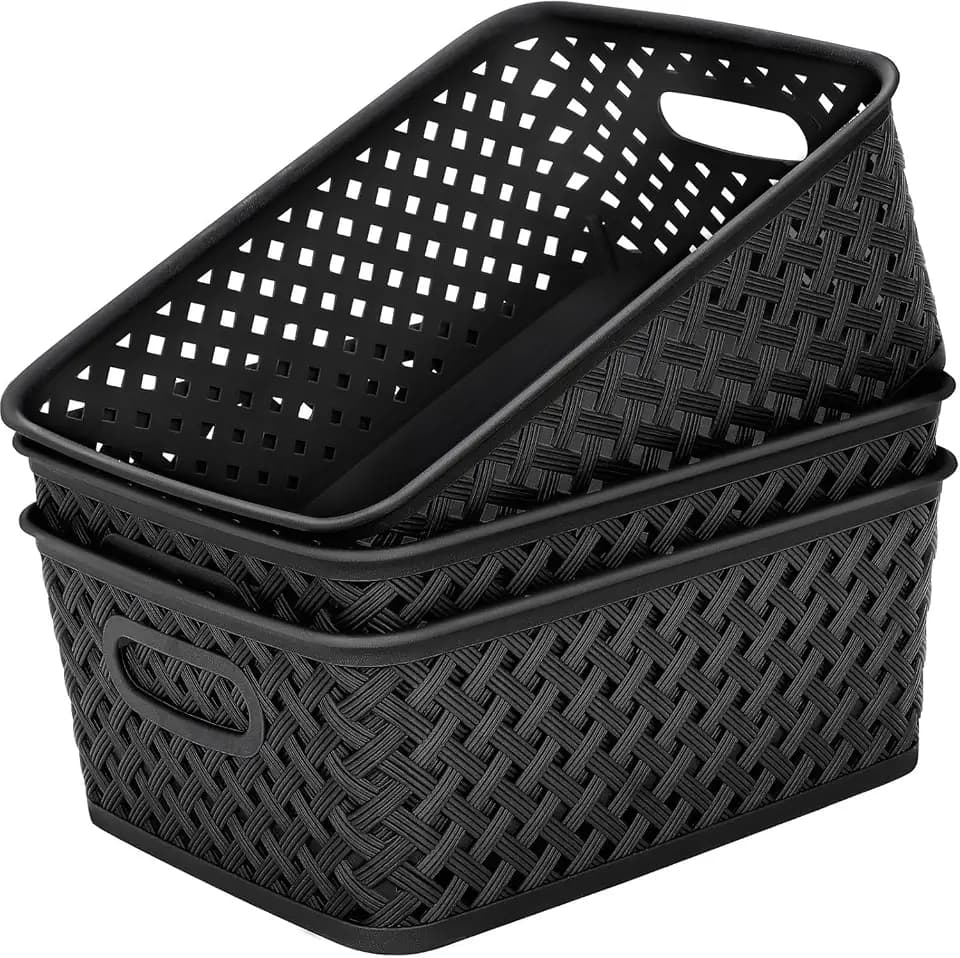 MaxGear 3 Pack Plastic Storage Baskets, Large, Black