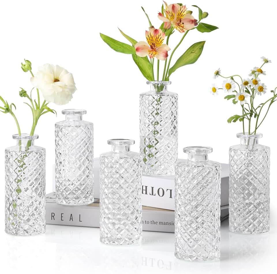 ComSaf Small Glass Bud Vases in Bulk, 6 Pack for Centerpieces, Clear