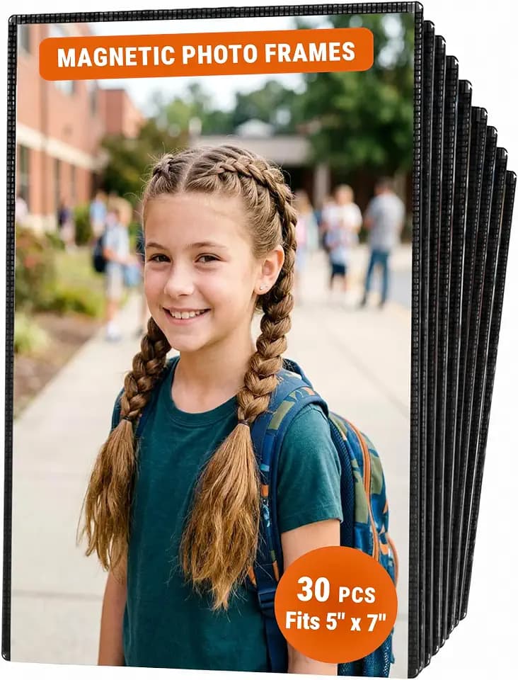 30 Pack Magnetic Picture Pockets for Classroom 5x7 Black - Locker Photo Sleeve Holder - Magnetic Picture Frames for School - 5 x 7 Magnet Photo Display for Locker - Bulk Classroom Storage