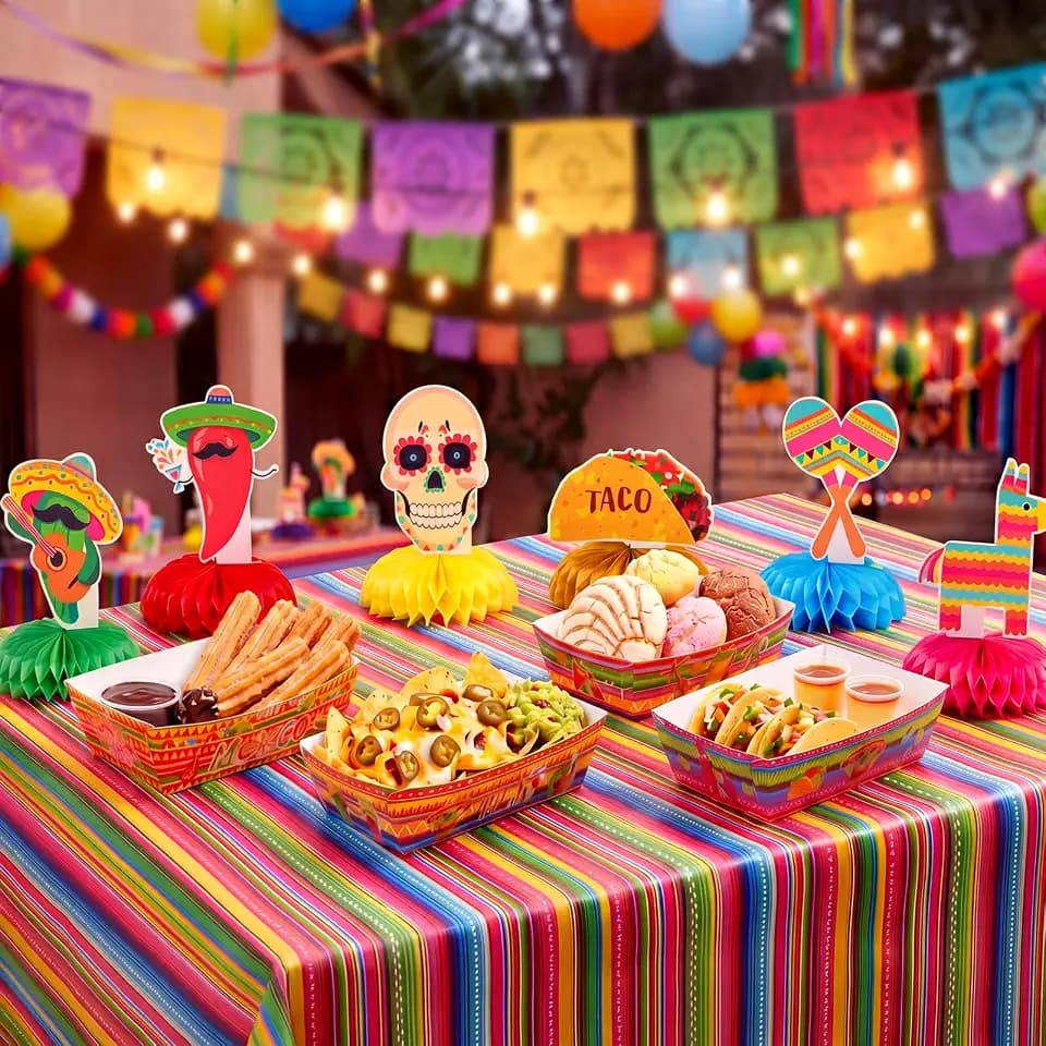 33 Pcs Mexican Fiesta Party Decorations, Cinco De Mayo Table Centerpieces with Honeycomb Ornaments, Tablecloth and Food Trays, Fiesta Theme Party Supplies for Celebration