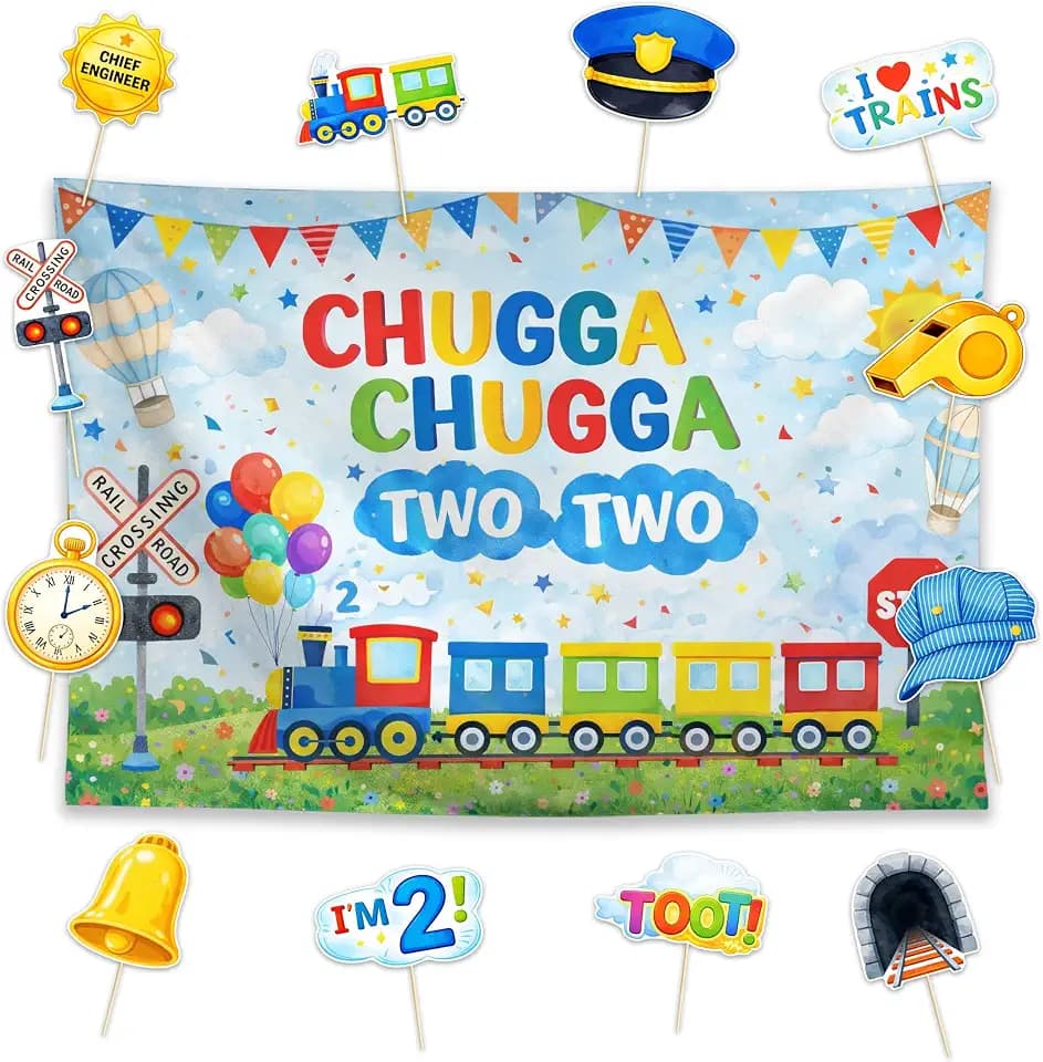 Allenjoy Chugga Chugga Two Two Party Decorations Set - 13 Piece Kit with 59"x35" Backdrop, 12 Photo Booth Props, Decor Supplies, Favors for Fans Men Women