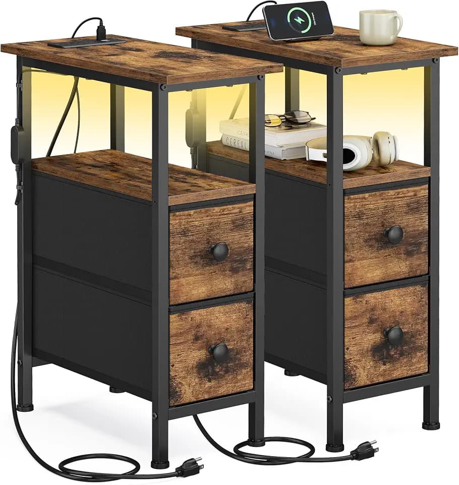 SONGMICS Side Table with LED Light, Narrow End Table with 2 Fabric Drawers
