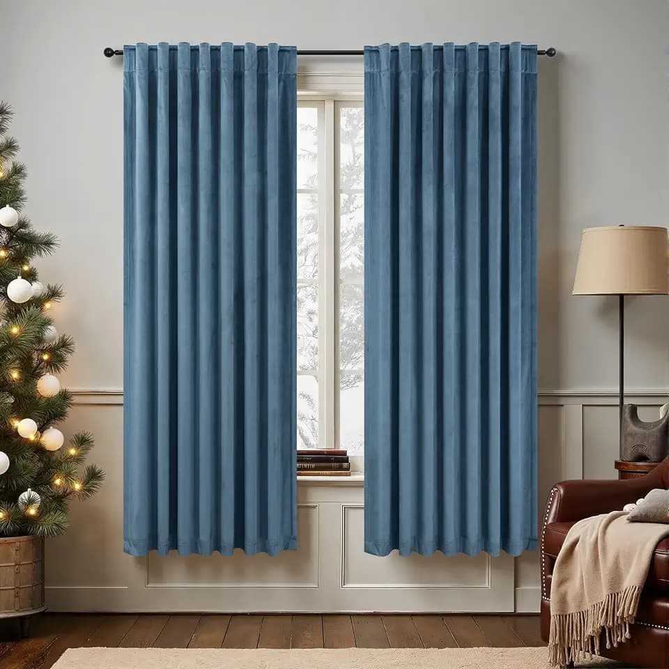 Blue Velvet Curtains 72 Inch Length for Boys Room Back Tab Rod Pocket 2 Panels Noise Reduction Darkening Curtains for Bedroom Living Room French Door Closet Stone Blue Satin Silk Textured 52x72 Long
