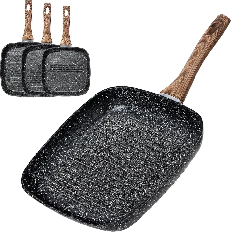 OLIXIS Nonstick Frying Pan Skillet Set, 3 Piece Square Grill Pans Set Stove Tops, Compatible with All Stovetops (9.5" 10" 11") Black