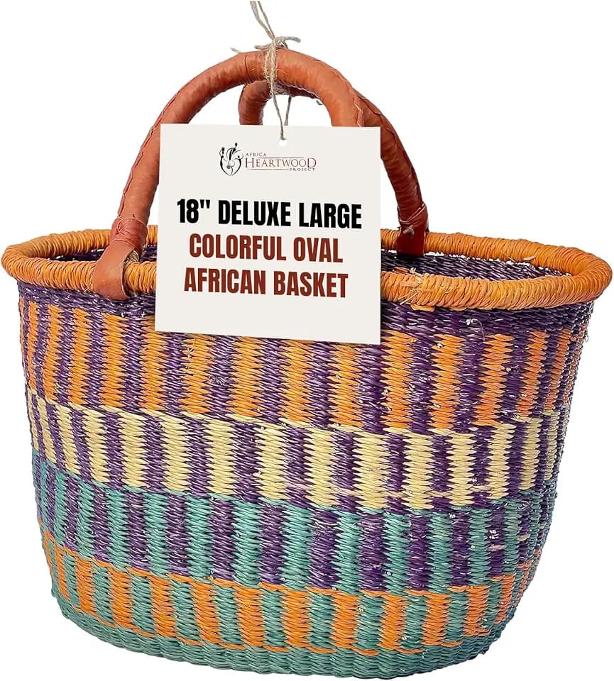 Africa Heartwood Project - Deluxe Large Oval Colorful African Basket with Leather Handle - Classic Heartwood Bolga Market Basket from Women in Bolgatanga, Ghana - 18" Oval Flat-packed