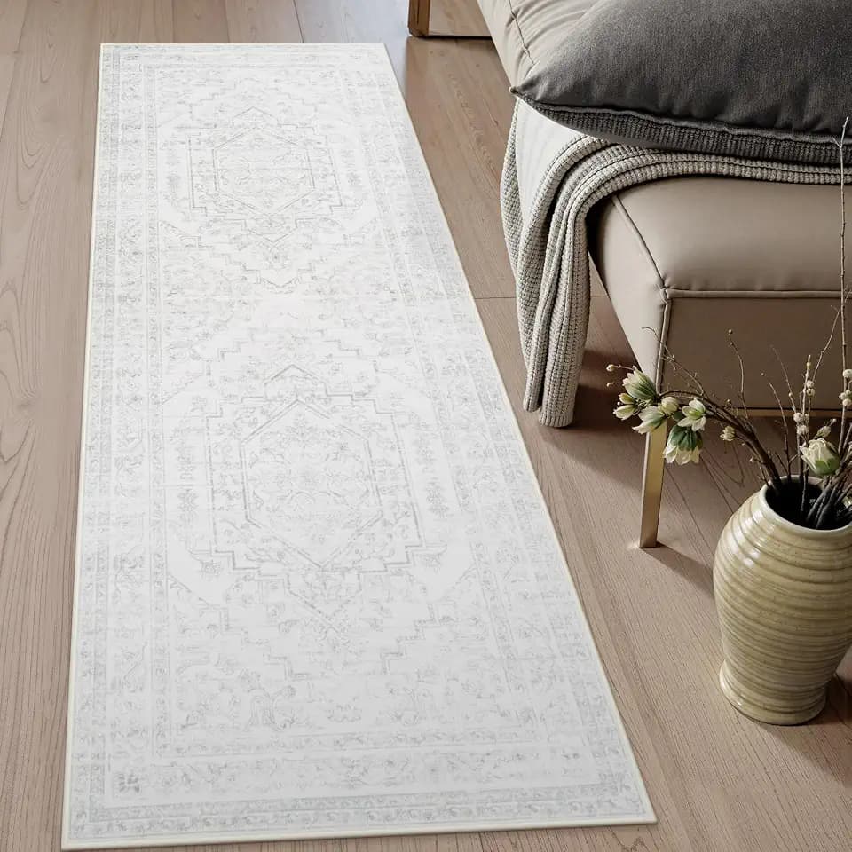 Uphome Boho Kitchen Runner Rug, 2x6 Washable Hallway Runner Rugs Non Slip, Soft Modern Entryway Carpet Runners Low Pile, Non Shedding Rug Runner for Laundry Bedroom Bathroom, Ash White