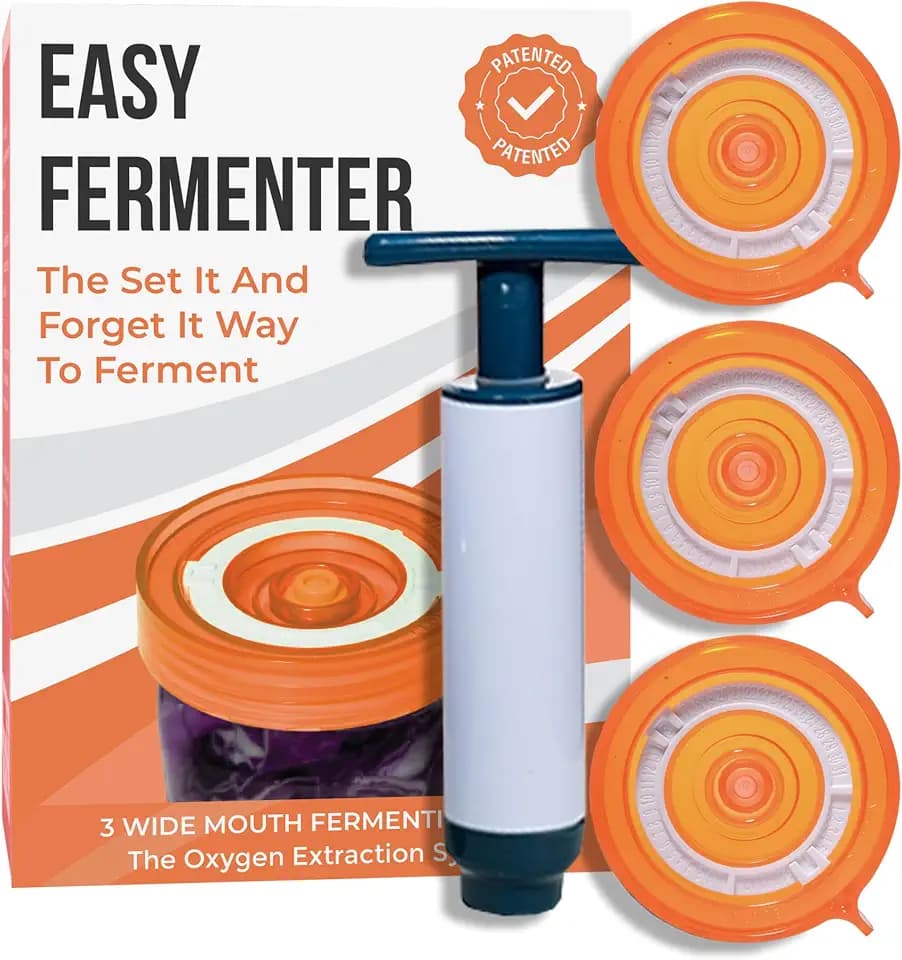 Fermentation Kit, Includes 3 Fermenting Lids for Wide Mouth Mason Jars & Oxygen Extractor Pump, Mason Jar Airlock Lid For Fermenting Kimchi, Pickle, & Sauerkraut (Orange)
