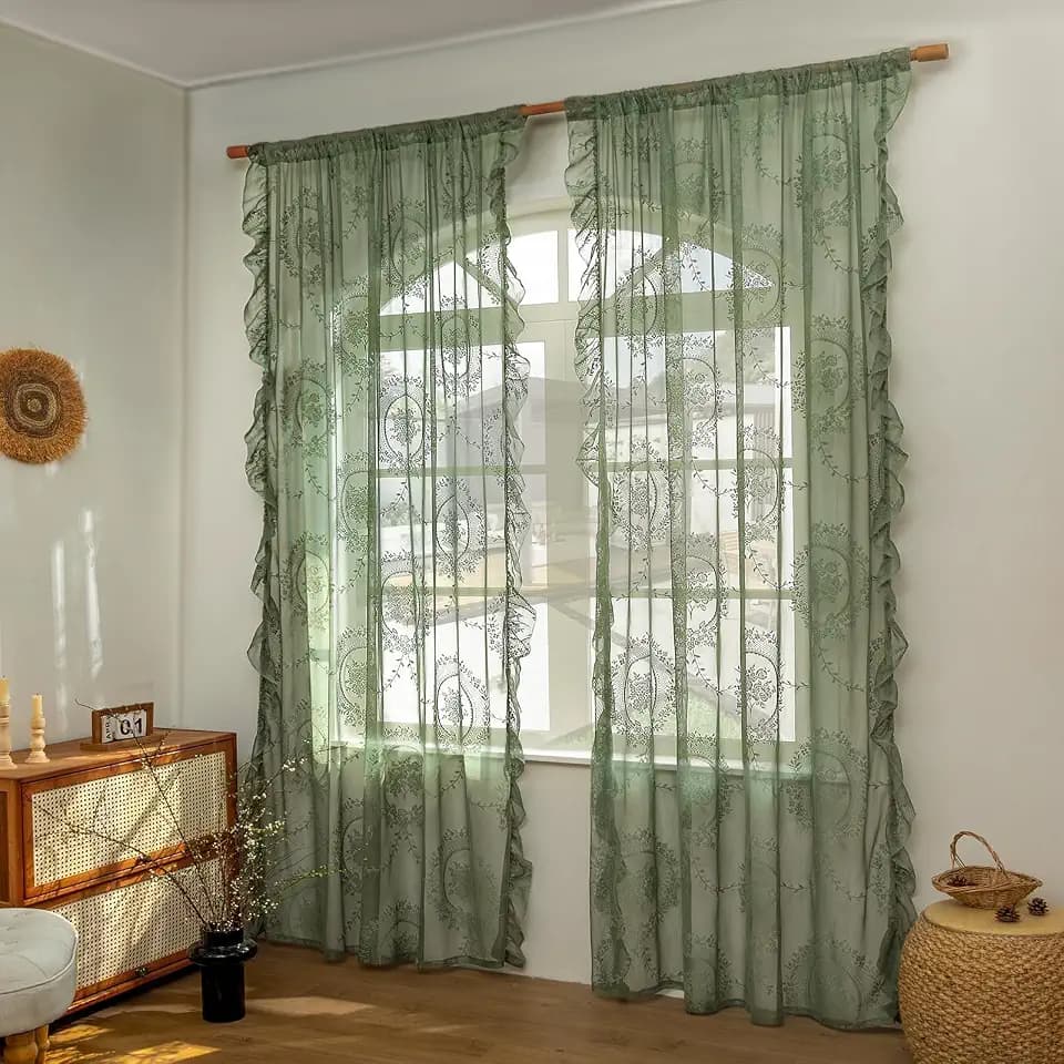 102 Inches Long Sage Green Lace Curtains for Bedroom 2 Panels Set Vintage Boho Curtains Sheer Floral Embroidery Ruffled Window Treatment Rod Pocket,55 X 102 Inch,Sage Green