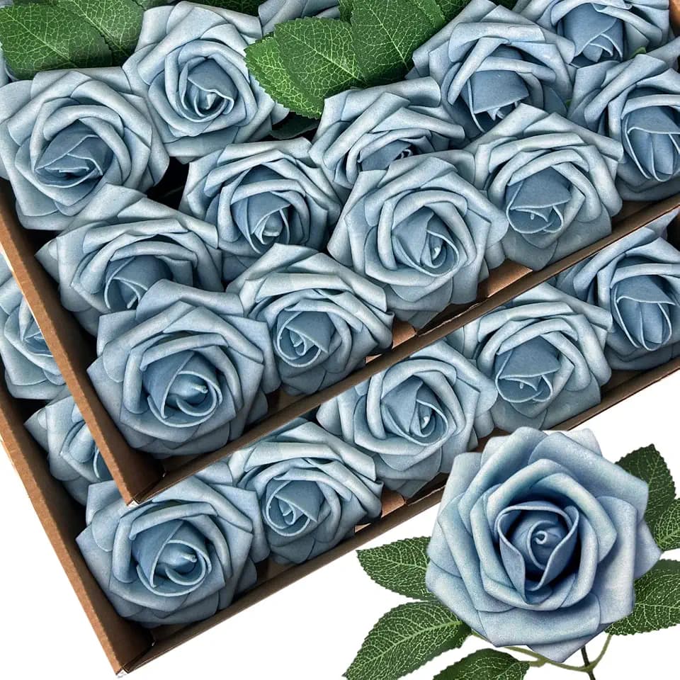 50pcs Artificial Flowers Light Blue Foam Fake Rose with Stems 12 Leaves Real Looking Faux Roses for Wedding Bouquets Bridal Shower Centerpieces Arrangements Party Tables Decorations DIY Dusty blue